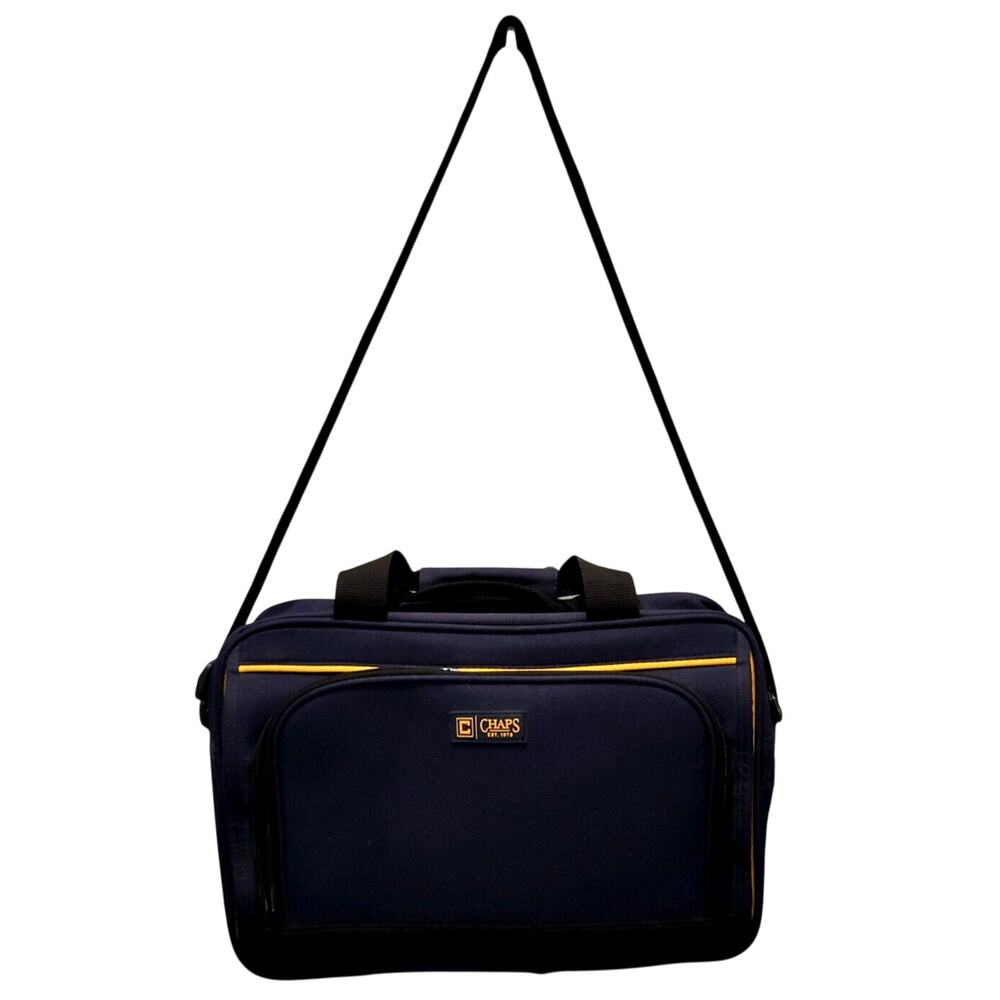 CHAPS Navy Carry-on Overnight Bag Yellow Accents Pockets Handles Shoulder Strap
